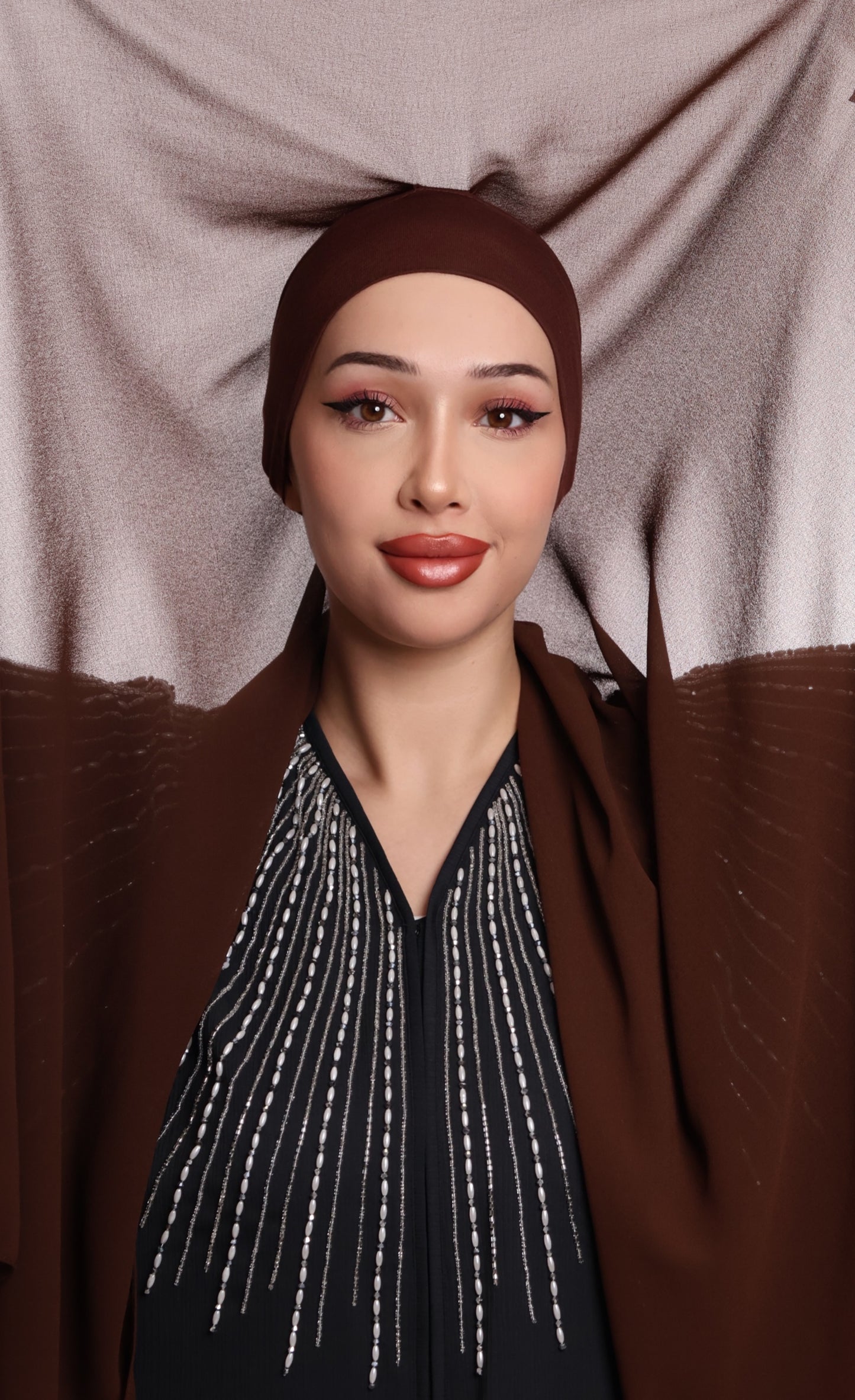 Express Premium Chiffon Hijab with Magnetic Closure System and Integrated Bonnet - Brown