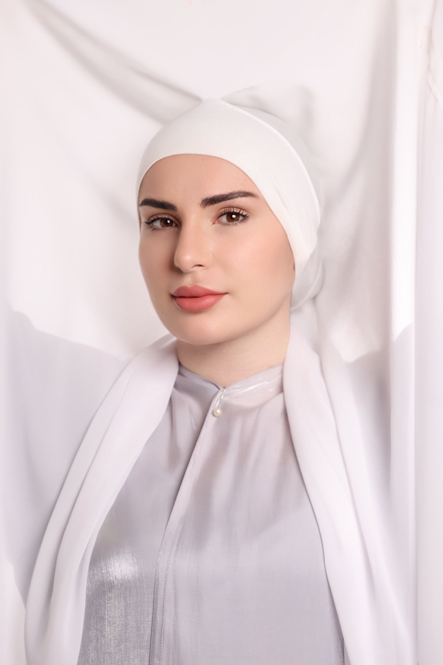 Express Premium Chiffon Hijab with Magnetic Closure System and Integrated Bonnet - White