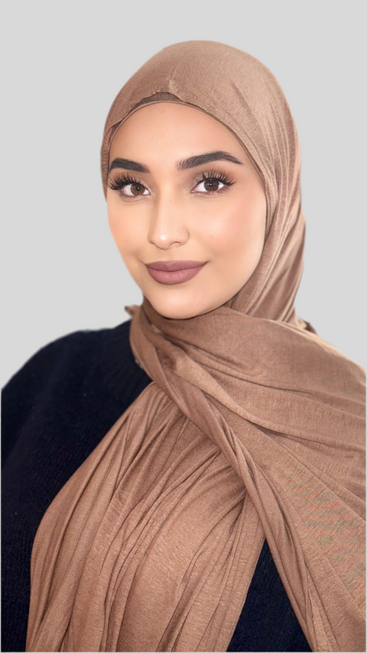 Hijab Express Perfection – Bonnet à Nouer Intérieur Satin + Voile Jersey Coton Modal avec Aimants – Qualité Supérieure XL – Mocha