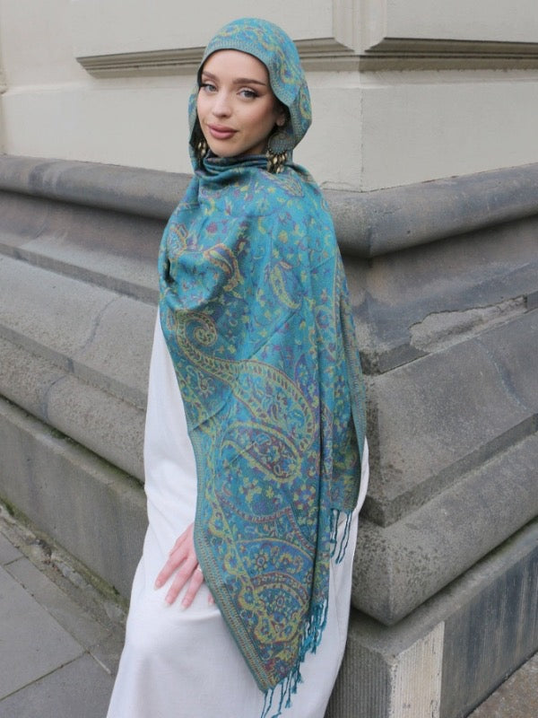 Hijab Premium Express Pashmina ― Bleu/Vert