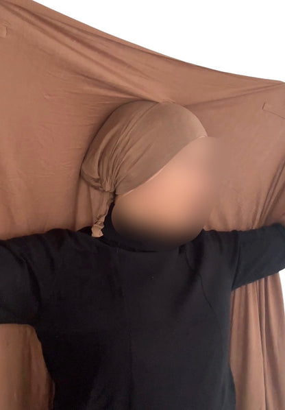 Hijab Express Perfection – Bonnet à Nouer Intérieur Satin + Voile Jersey Coton Modal avec Aimants – Qualité Supérieure XL – Mocha