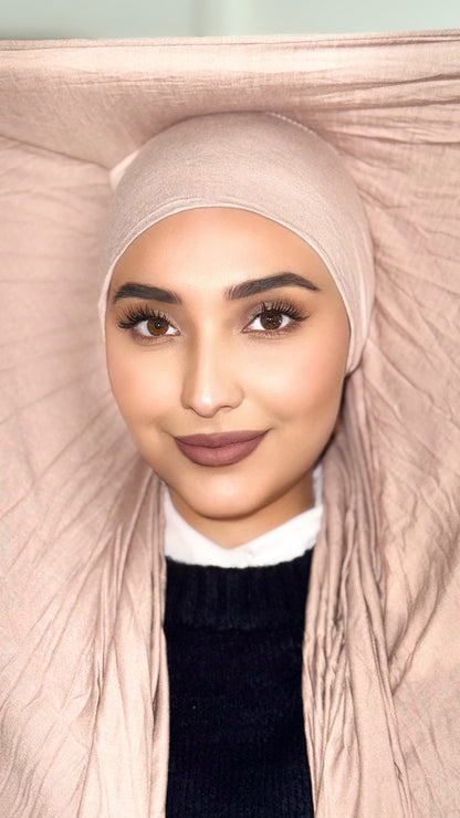 Hijab Express Perfection – Bonnet à Nouer Intérieur Satin + Voile Jersey Coton Modal avec Aimants – Qualité Supérieure XL – Couleur Sable