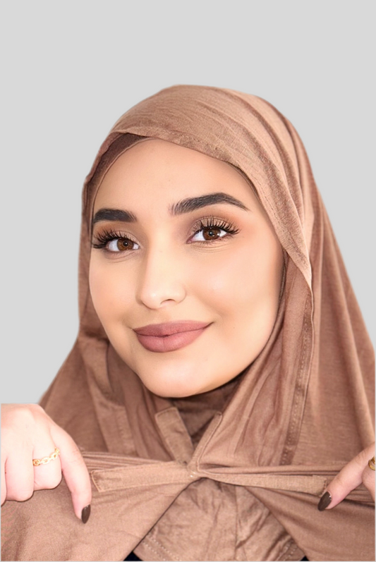 Hijab Express Confort Ultime – Sous-Hijab intégral + Voile Jersey Coton Modal avec Aimants – Qualité Supérieure XL – Mocha