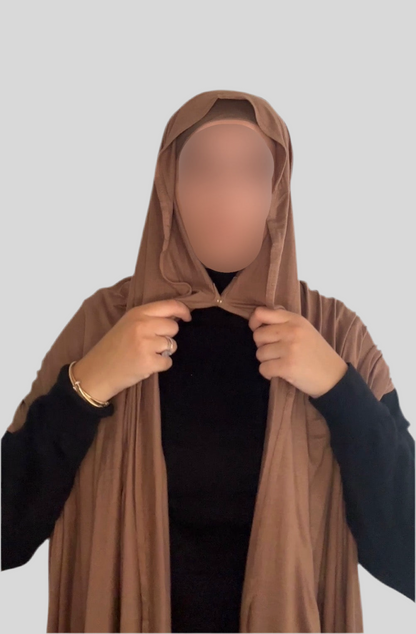 Hijab Express Perfection – Bonnet à Nouer Intérieur Satin + Voile Jersey Coton Modal avec Aimants – Qualité Supérieure XL – Mocha