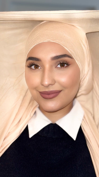 Hijab Express Perfection – Bonnet à Nouer Intérieur Satin + Voile Jersey Coton Modal avec Aimants – Qualité Supérieure XL – Beige Clair