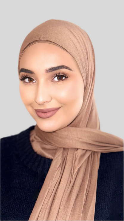 Hijab Express Perfection – Bonnet à Nouer Intérieur Satin + Voile Jersey Coton Modal avec Aimants – Qualité Supérieure XL – Mocha