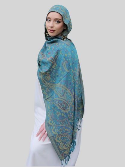 Hijab Premium Express Pashmina ― Bleu/Vert