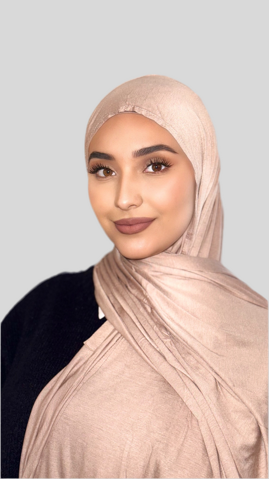 Hijab Express Perfection – Bonnet à Nouer Intérieur Satin + Voile Jersey Coton Modal avec Aimants – Qualité Supérieure XL – Couleur Sable