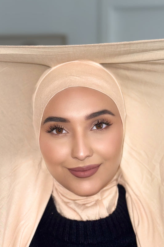 Hijab Express Confort Ultime – Sous-Hijab intégral + Voile Jersey Coton Modal avec Aimants – Qualité Supérieure XL – Beige Clair